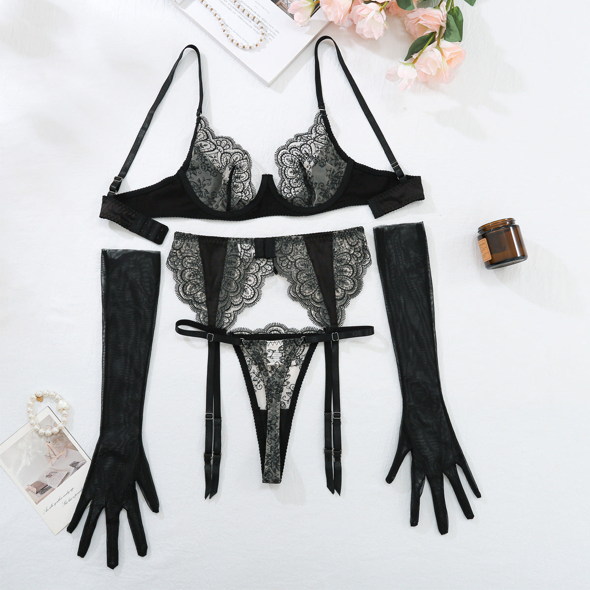 A stylish Sexy Embroidered Lace Backless Four Piece Lingerie for women. this piece adds a touch of elegance to your outfit - Brinxx Couture