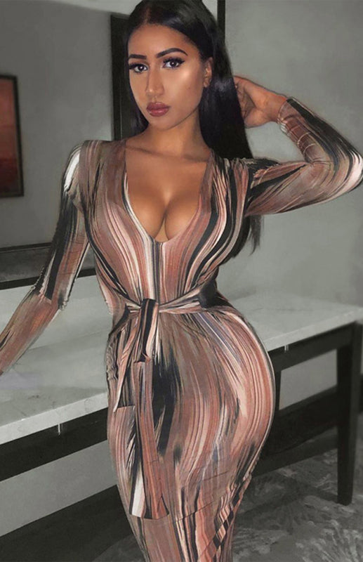 Sexy Printed Long-Sleeved V-Neck Dress - Brinxx Couture