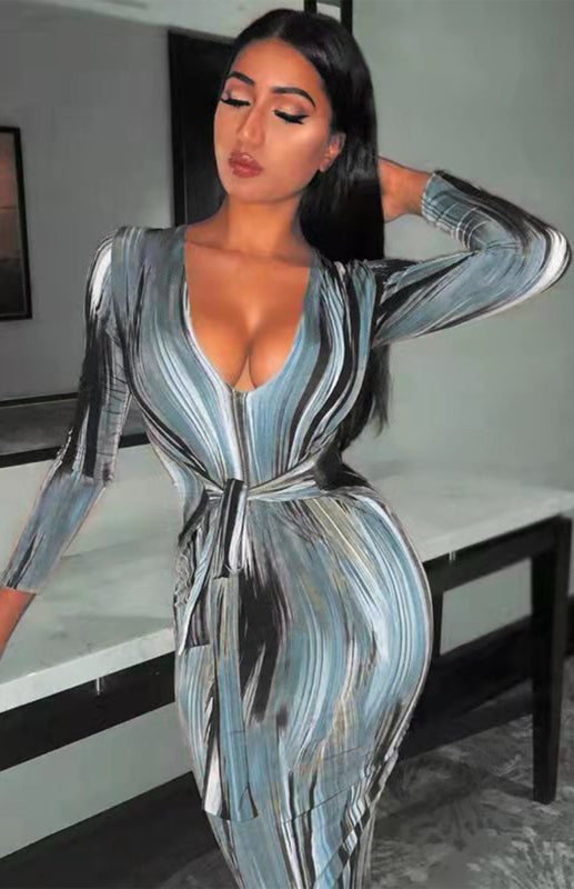 Sexy Printed Long-Sleeved V-Neck Dress - Brinxx Couture