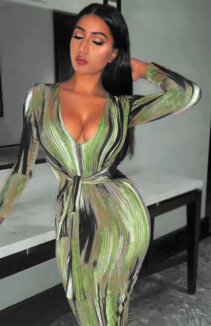 Sexy Printed Long-Sleeved V-Neck Dress - Brinxx Couture