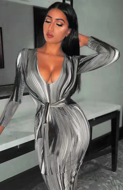 Sexy Printed Long-Sleeved V-Neck Dress - Brinxx Couture