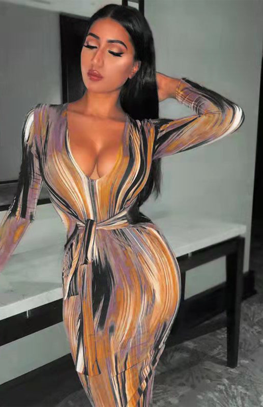 Sexy Printed Long-Sleeved V-Neck Dress - Brinxx Couture