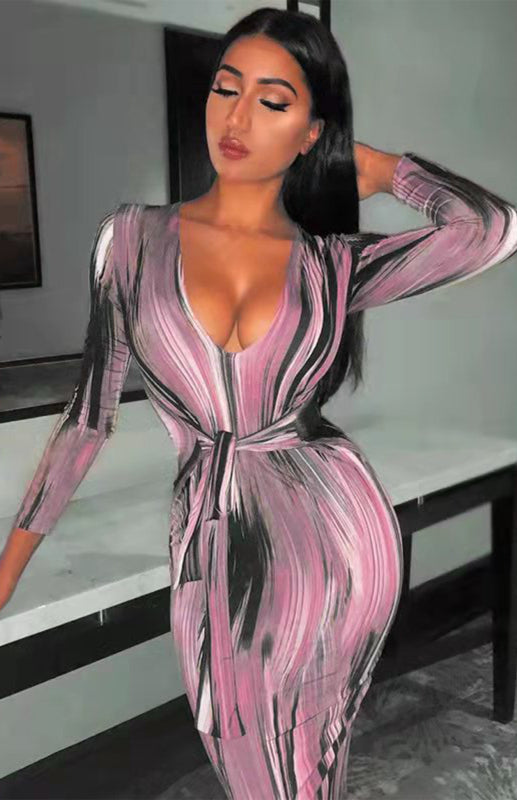 Sexy Printed Long-Sleeved V-Neck Dress - Brinxx Couture