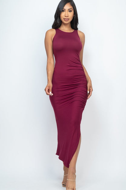 Sleeveless Ruched Side Split Maxi Dress - Brinxx Couture