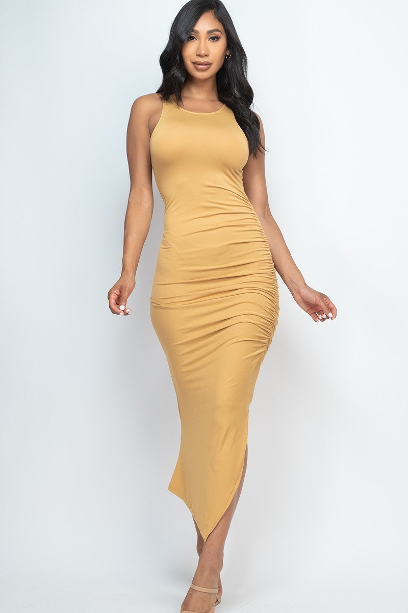 Sleeveless Ruched Side Split Maxi Dress - Brinxx Couture