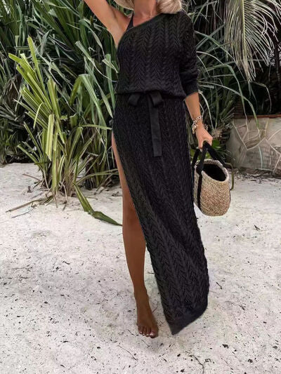 Slit Openwork Single Shoulder Knit Dress - Brinxx Couture