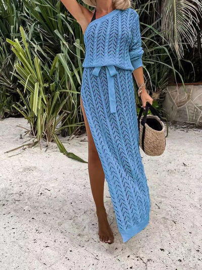 Slit Openwork Single Shoulder Knit Dress - Brinxx Couture