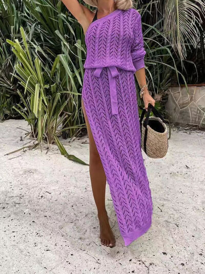 Slit Openwork Single Shoulder Knit Dress - Brinxx Couture