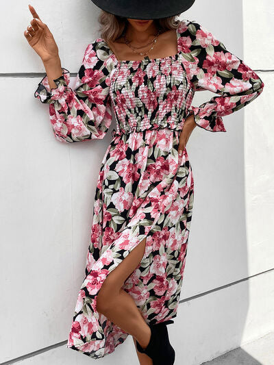 Slit Smocked Floral Flounce Sleeve Dress - Brinxx Couture