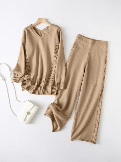 Slit V-Neck Long Sleeve Top and Pants Sweater Set - Brinxx Couture