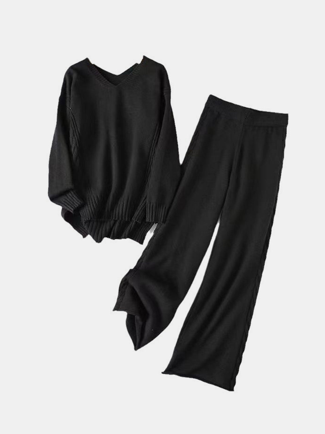 Slit V-Neck Long Sleeve Top and Pants Sweater Set - Brinxx Couture