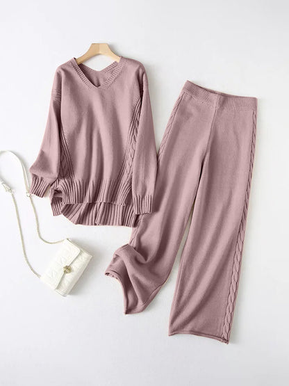 Slit V-Neck Long Sleeve Top and Pants Sweater Set - Brinxx Couture