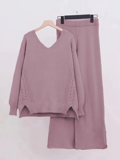 Slit V-Neck Long Sleeve Top and Pants Sweater Set - Brinxx Couture