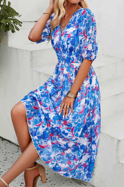 Smocked Printed V-Neck Short Sleeve Dress - Brinxx Couture