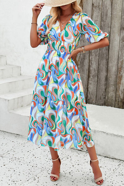 Smocked Printed V-Neck Short Sleeve Dress - Brinxx Couture