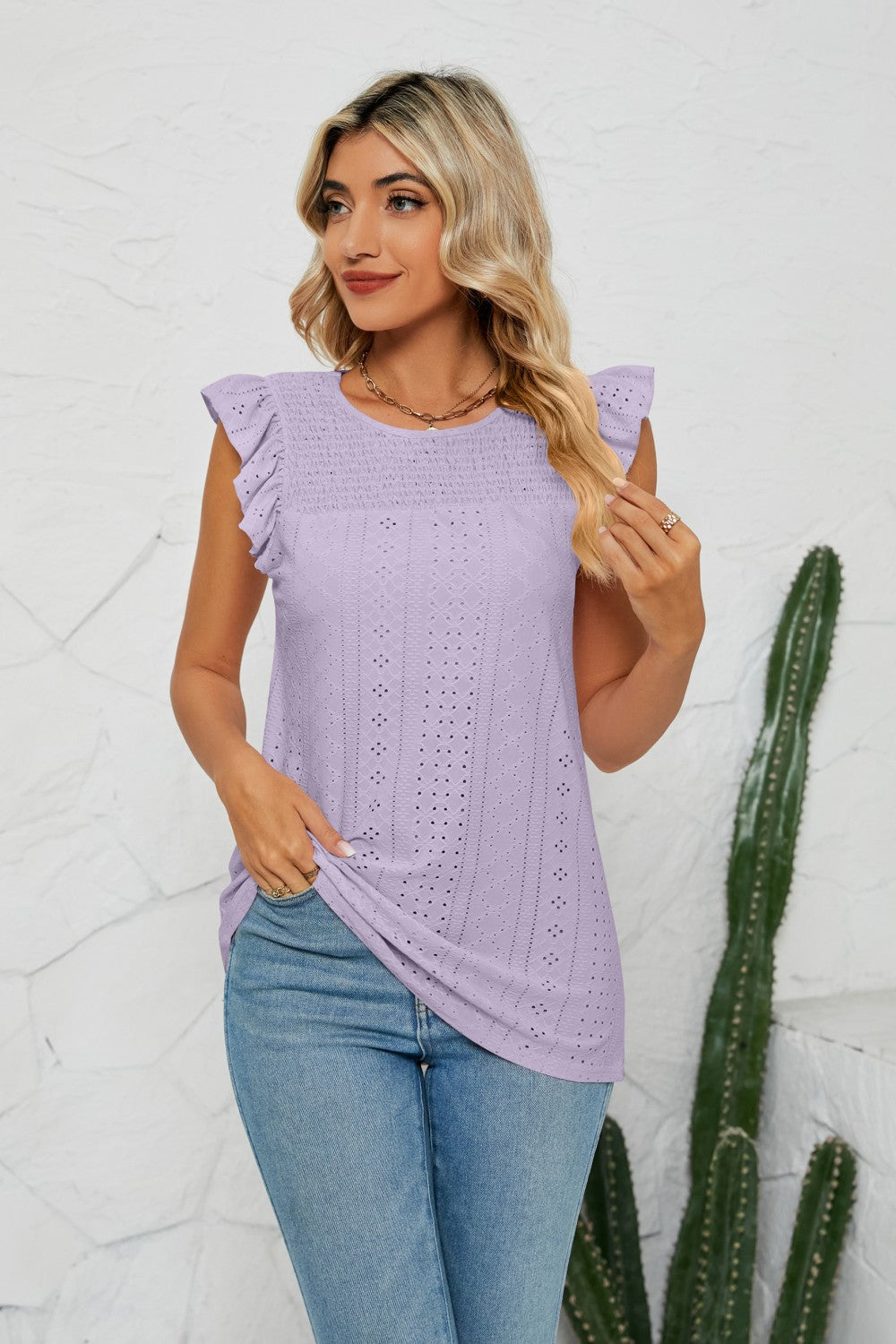 Smocked Round Neck Eyelet Top - Brinxx Couture