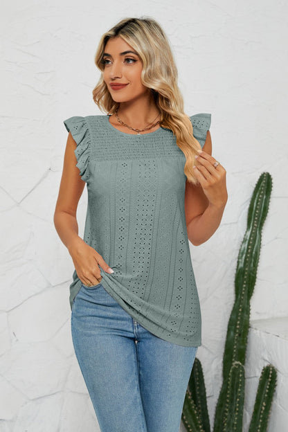 Smocked Round Neck Eyelet Top - Brinxx Couture