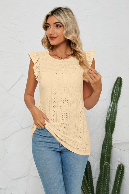 Smocked Round Neck Eyelet Top - Brinxx Couture