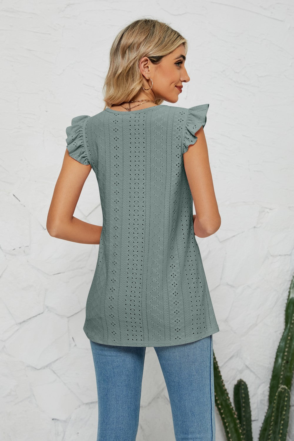 Smocked Round Neck Eyelet Top - Brinxx Couture