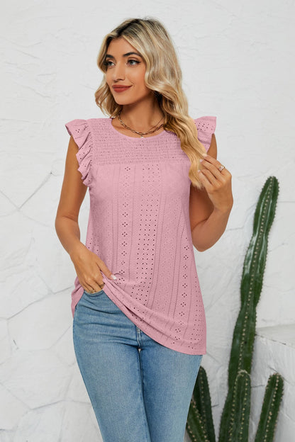 Smocked Round Neck Eyelet Top - Brinxx Couture