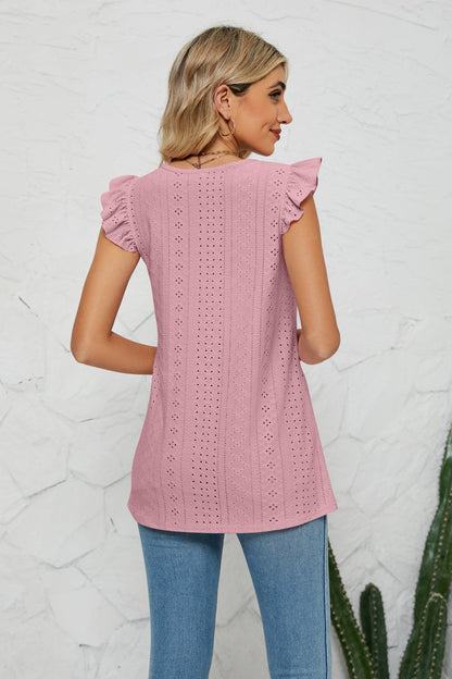 Smocked Round Neck Eyelet Top - Brinxx Couture