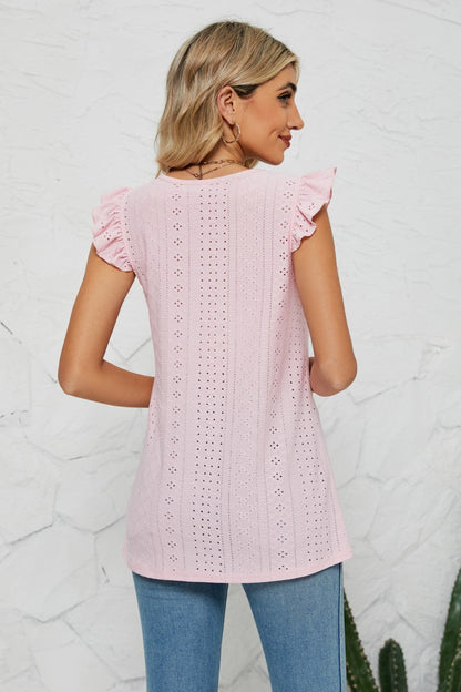 Smocked Round Neck Eyelet Top - Brinxx Couture