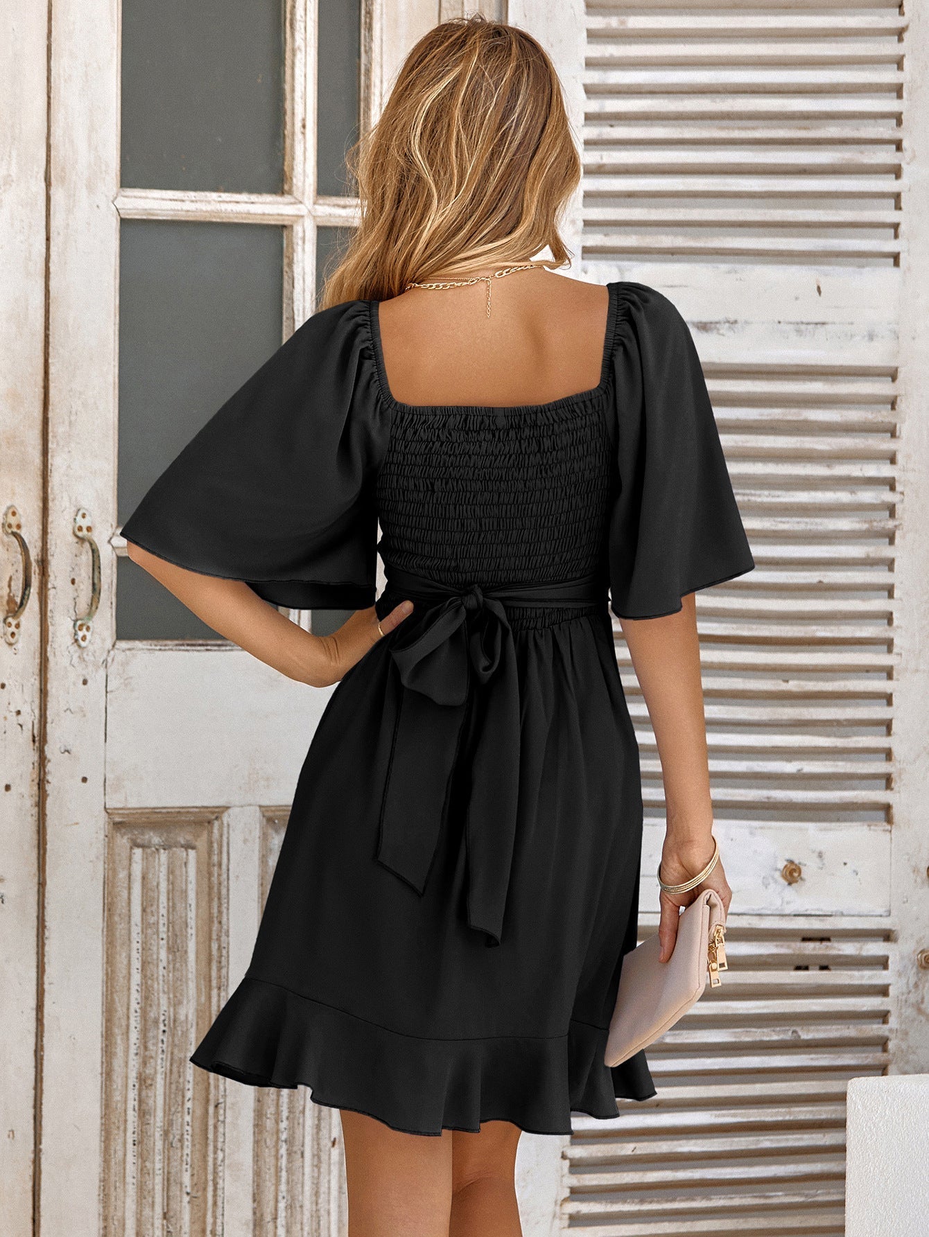 Smocked Tie Back Ruffle Hem Dress - Brinxx Couture