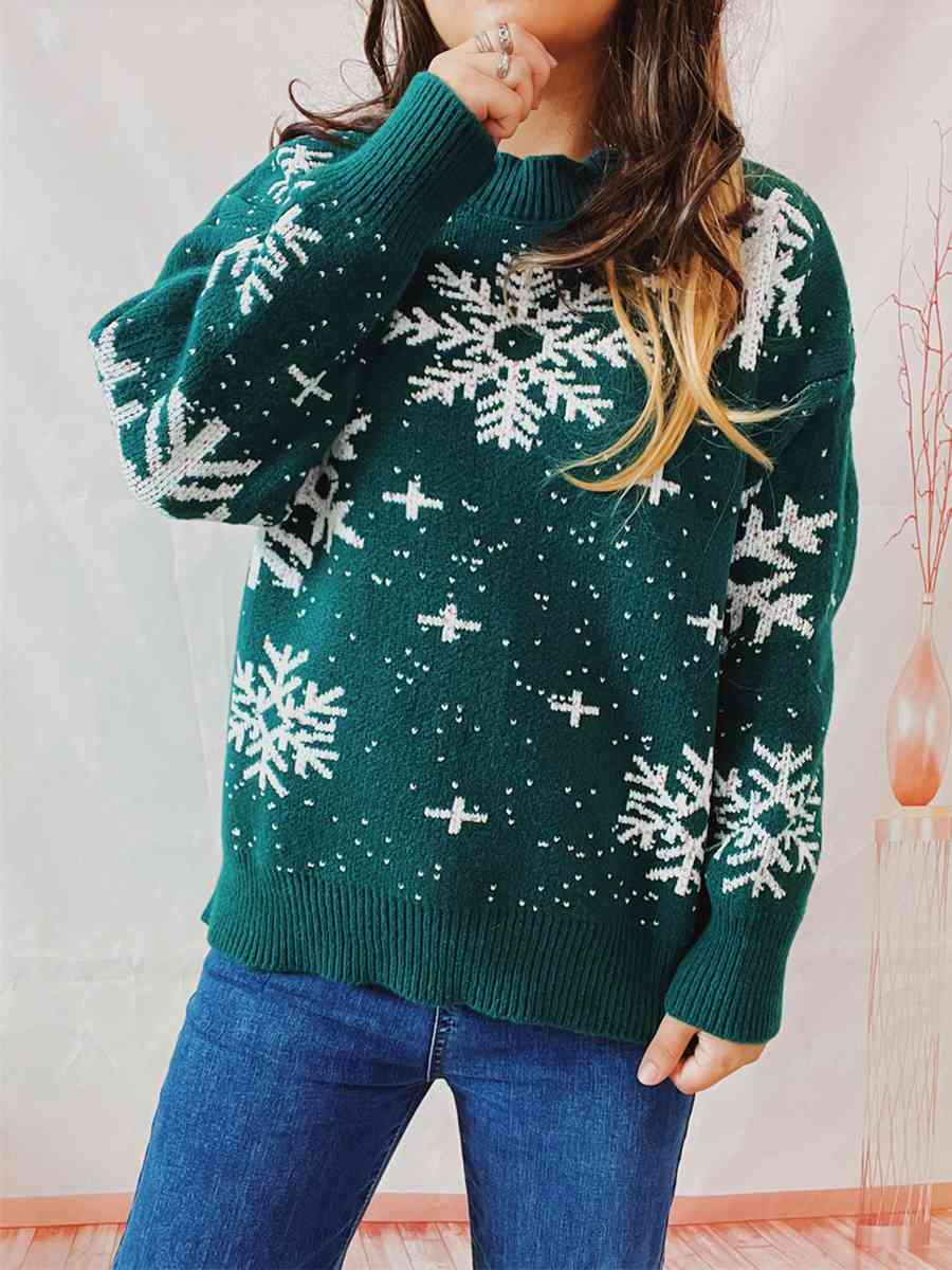 Snowflake Pattern Dropped Shoulder Sweater - Brinxx Couture