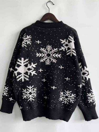 Snowflake Pattern Dropped Shoulder Sweater - Brinxx Couture