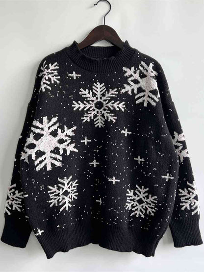 Snowflake Pattern Dropped Shoulder Sweater - Brinxx Couture