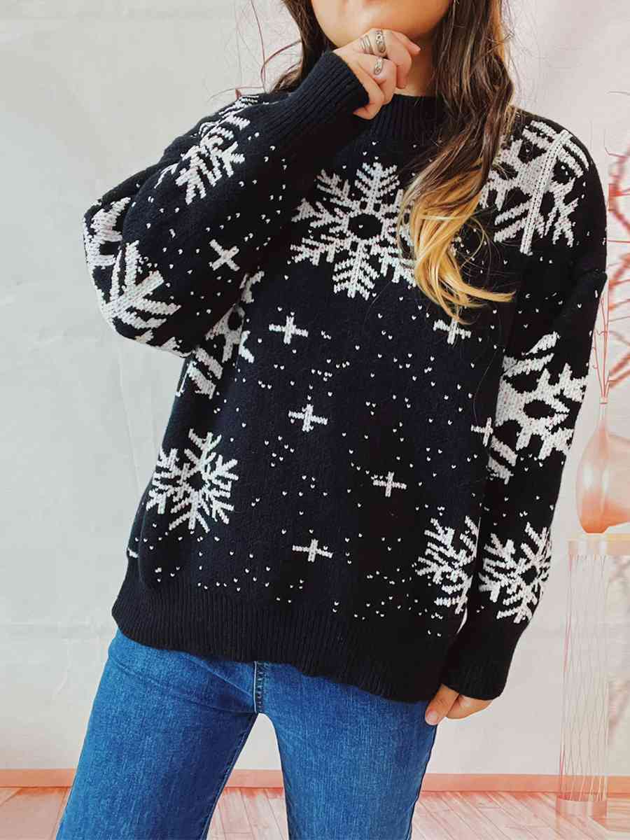 Snowflake Pattern Dropped Shoulder Sweater - Brinxx Couture