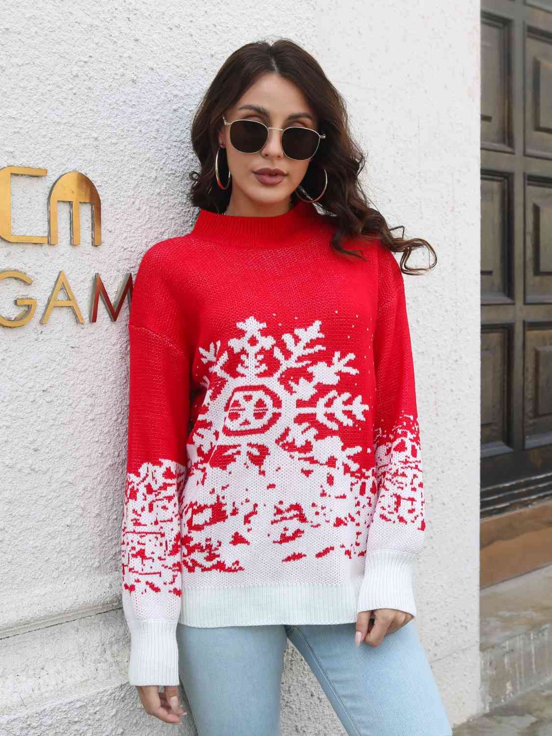 Snowflake Pattern Mock Neck Sweater - Brinxx Couture