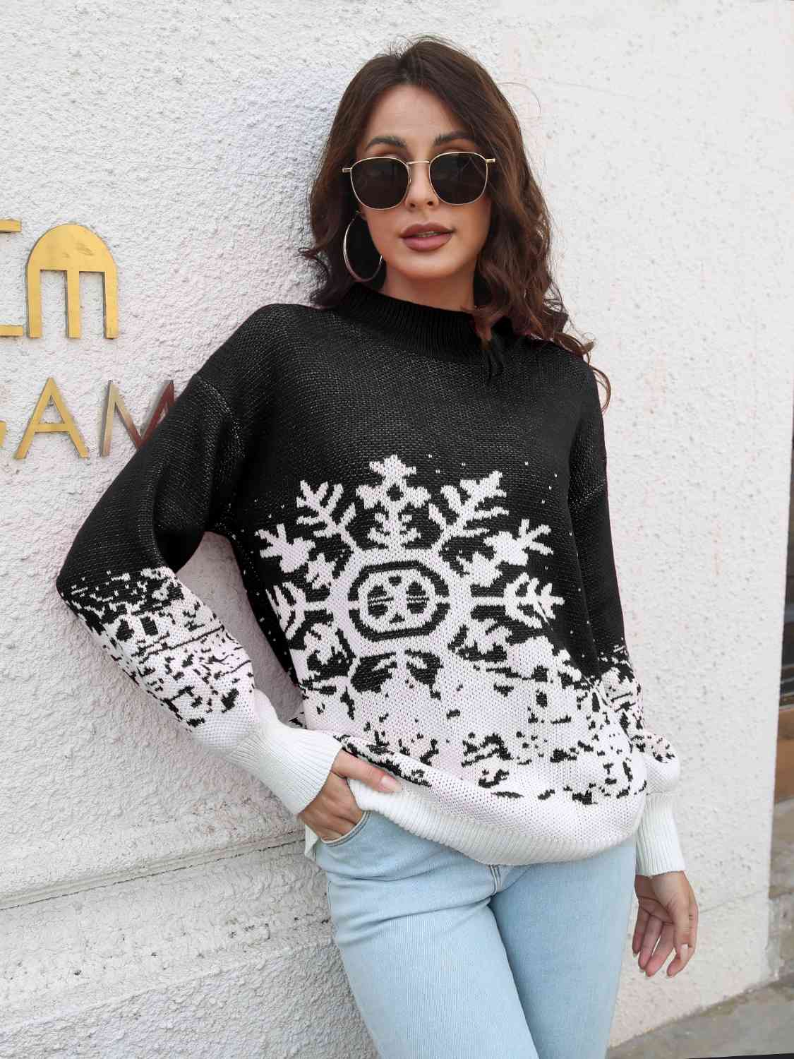 Snowflake Pattern Mock Neck Sweater - Brinxx Couture