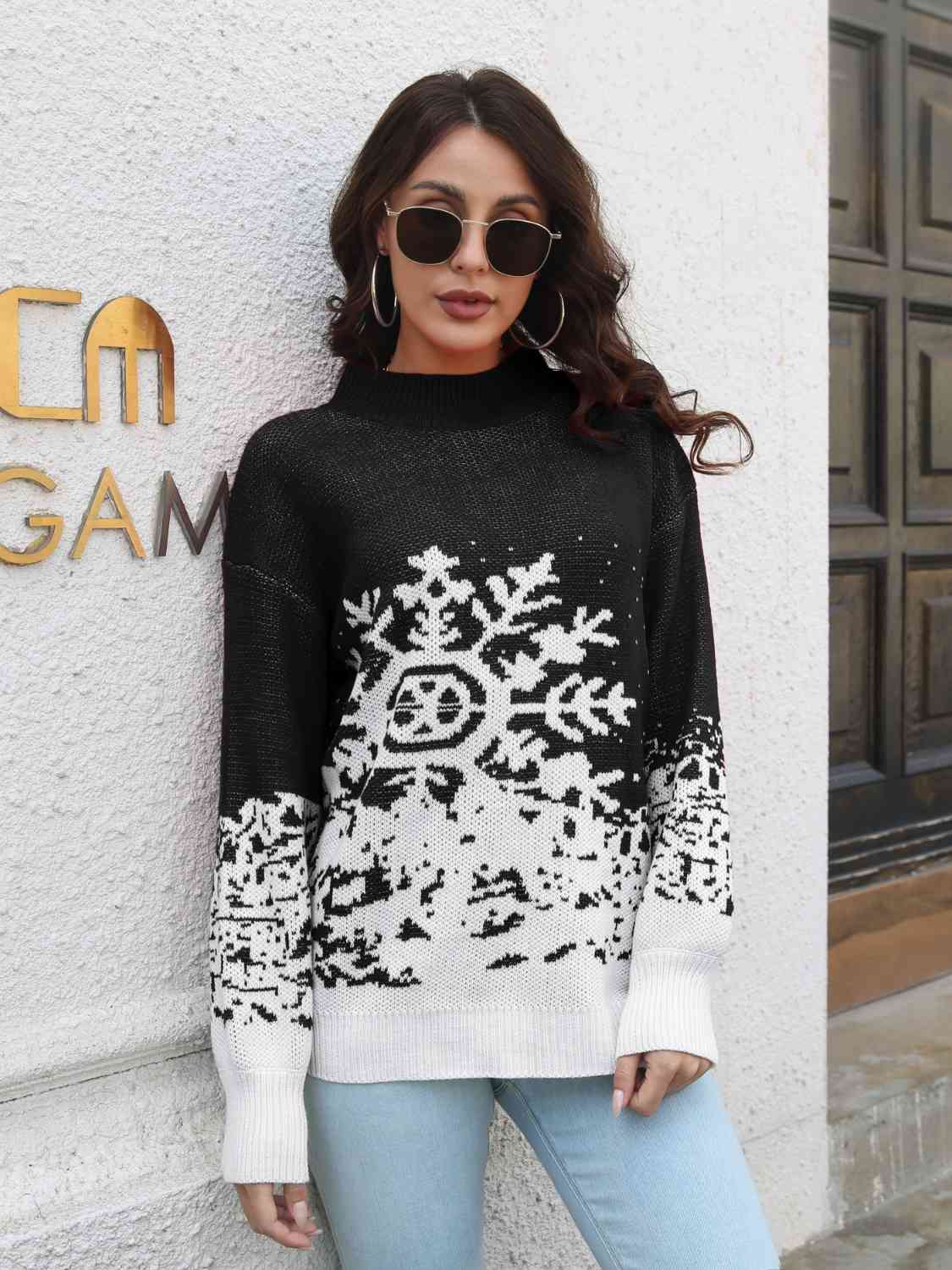 Snowflake Pattern Mock Neck Sweater - Brinxx Couture