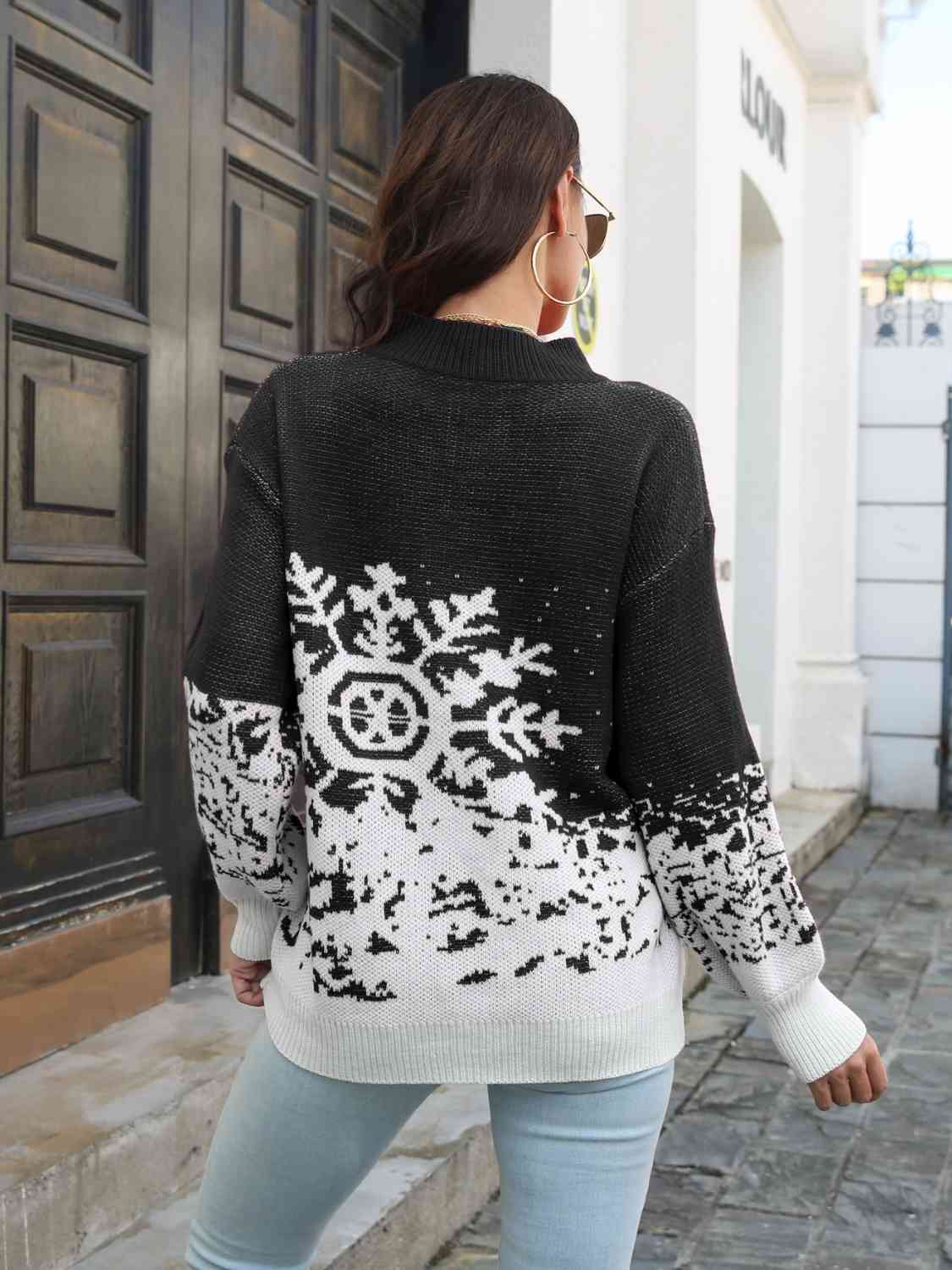 Snowflake Pattern Mock Neck Sweater - Brinxx Couture