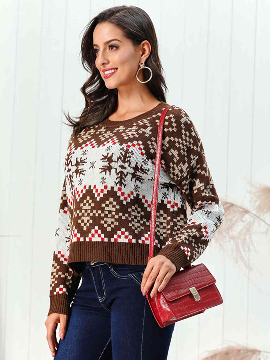 Snowflake Pattern Round Neck Sweater - Brinxx Couture