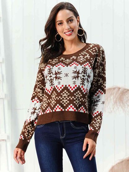 Snowflake Pattern Round Neck Sweater - Brinxx Couture