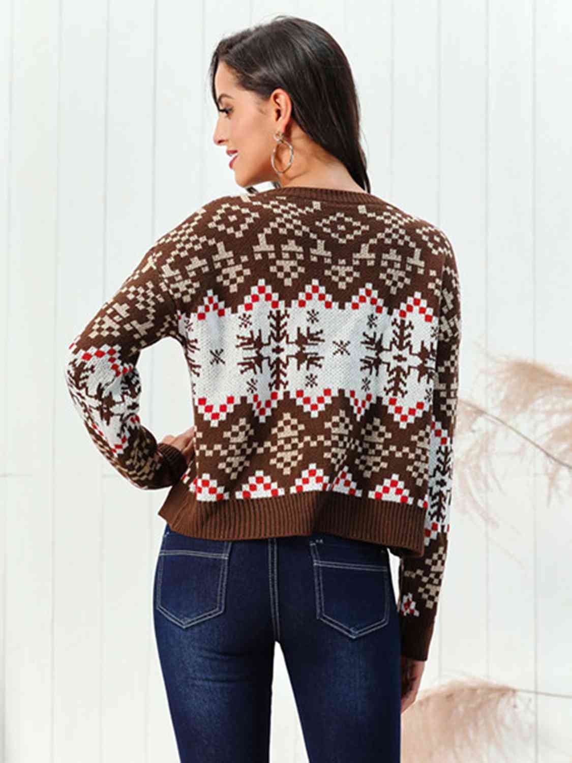 Snowflake Pattern Round Neck Sweater - Brinxx Couture