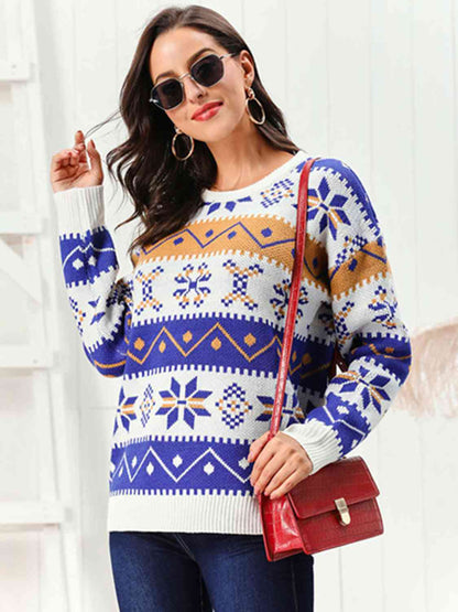 Snowflake Pattern Round Neck Sweater - Brinxx Couture