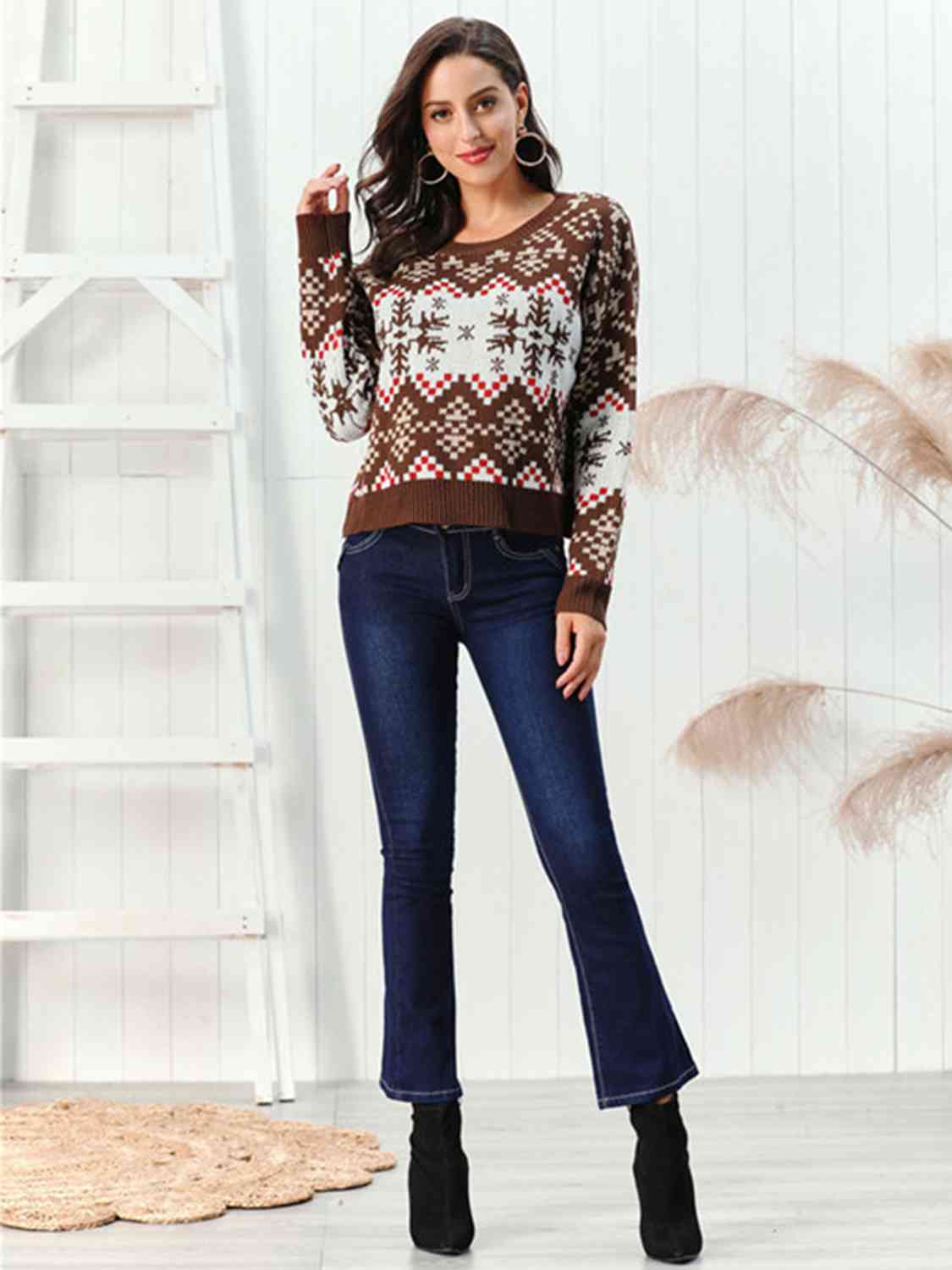 Snowflake Pattern Round Neck Sweater - Brinxx Couture