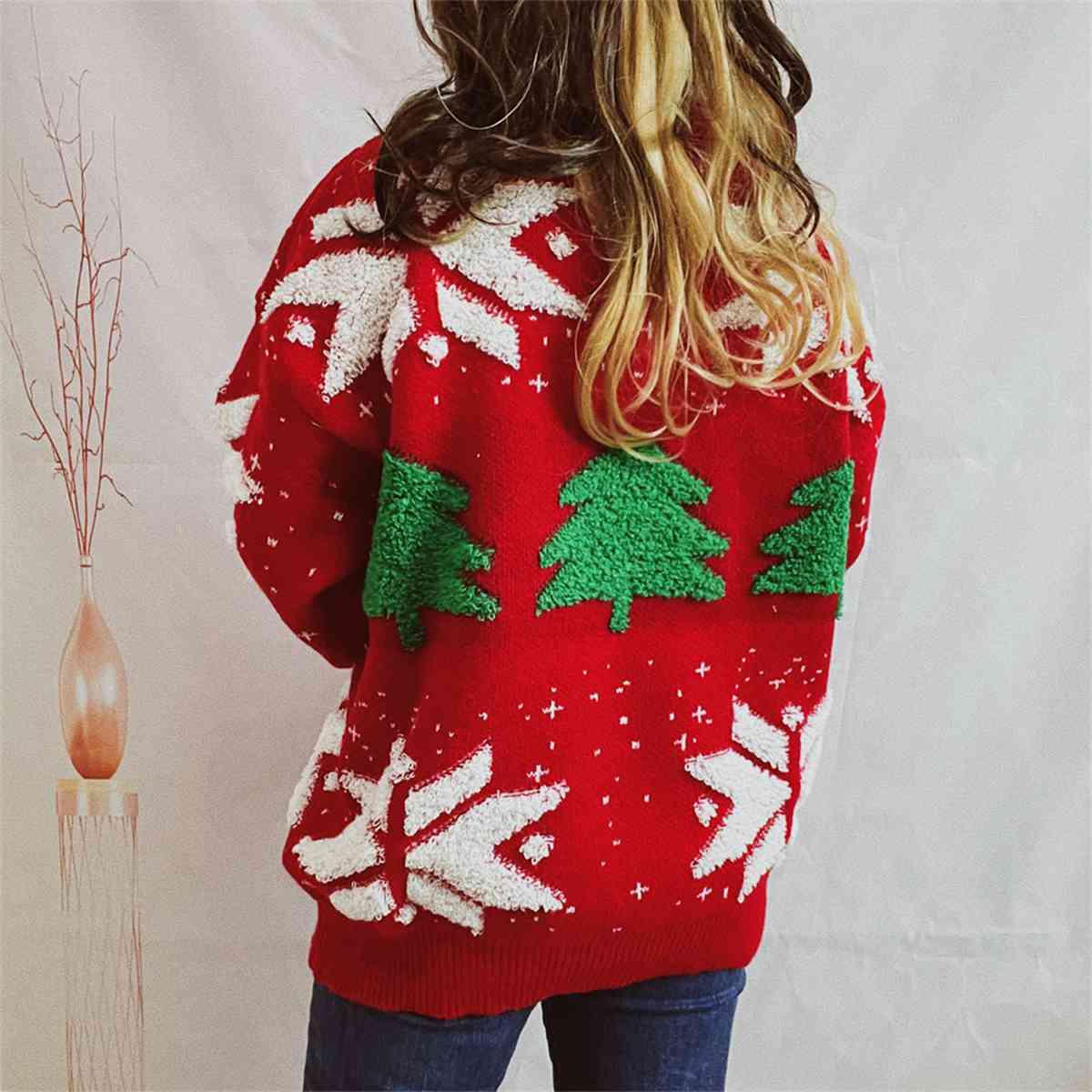 Snowflake Round Neck Long Sleeve Sweater - Brinxx Couture