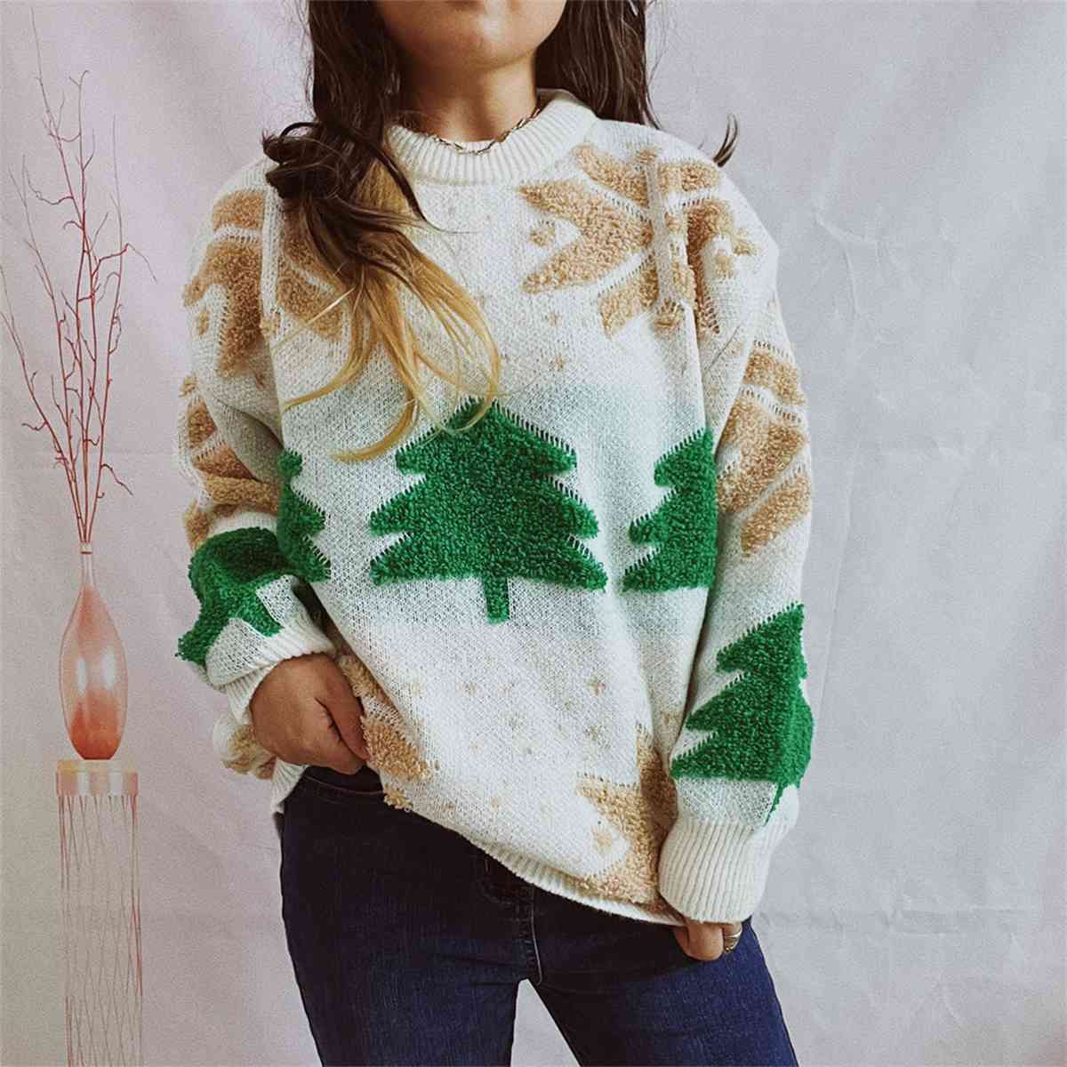 Snowflake Round Neck Long Sleeve Sweater - Brinxx Couture