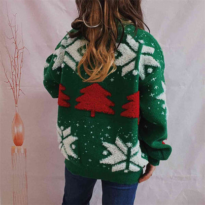 Snowflake Round Neck Long Sleeve Sweater - Brinxx Couture