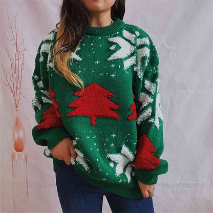 Snowflake Round Neck Long Sleeve Sweater - Brinxx Couture