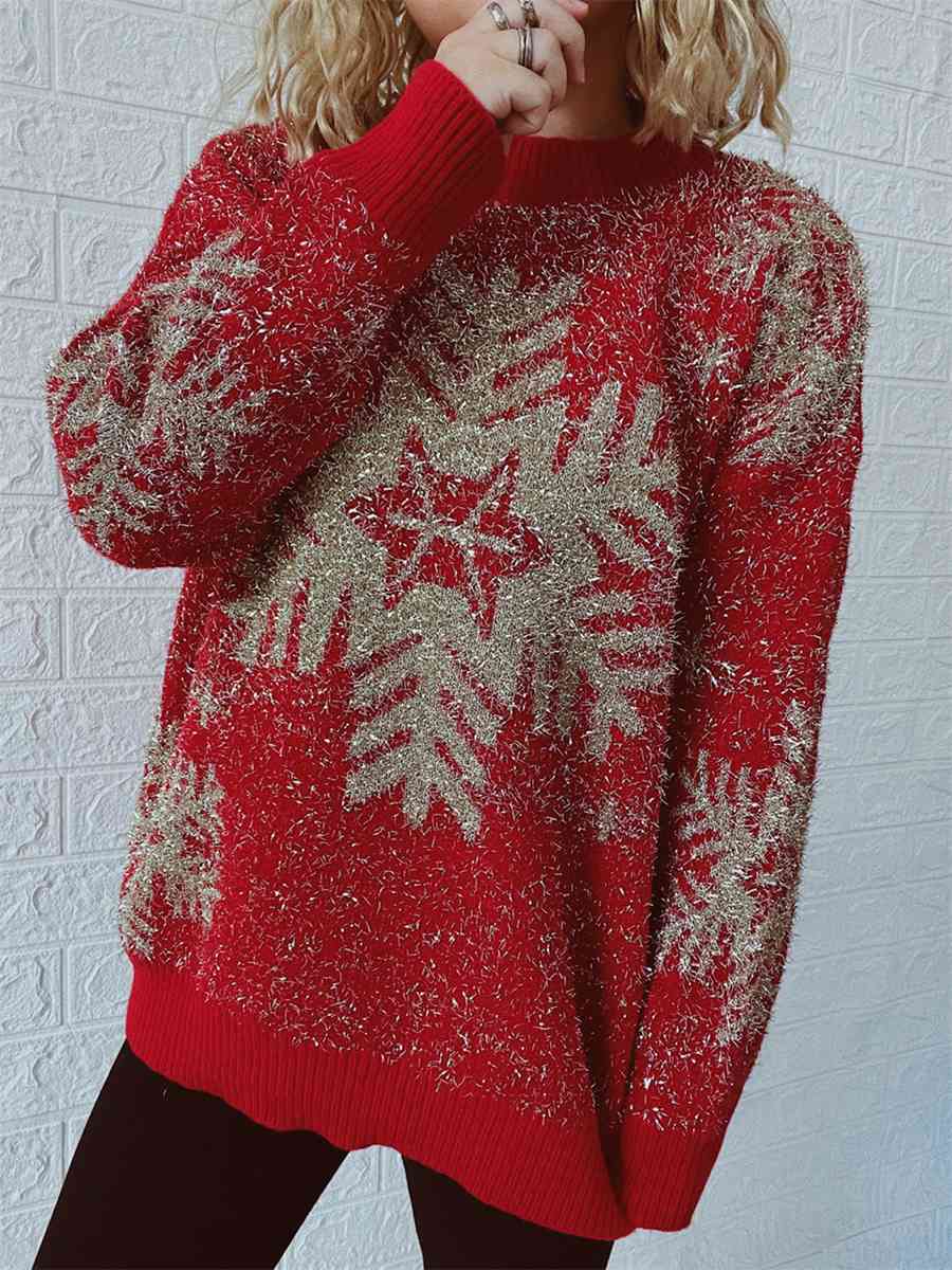 Snowflake Round Neck Sweater - Brinxx Couture