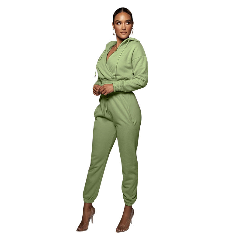 Solid Color Hooded Open V Ankle Sweat Suit - Brinxx Couture