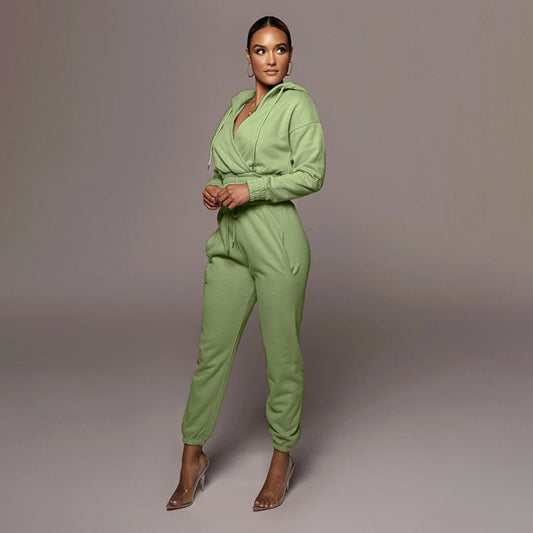 Solid Color Hooded Open V Ankle Sweat Suit - Brinxx Couture