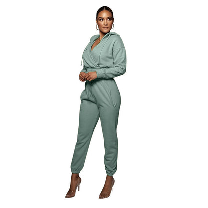 Solid Color Hooded Open V Ankle Sweat Suit - Brinxx Couture