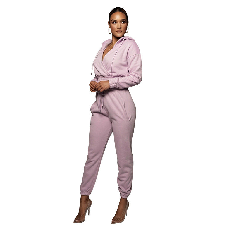 Solid Color Hooded Open V Ankle Sweat Suit - Brinxx Couture