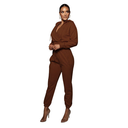 Solid Color Hooded Open V Ankle Sweat Suit - Brinxx Couture